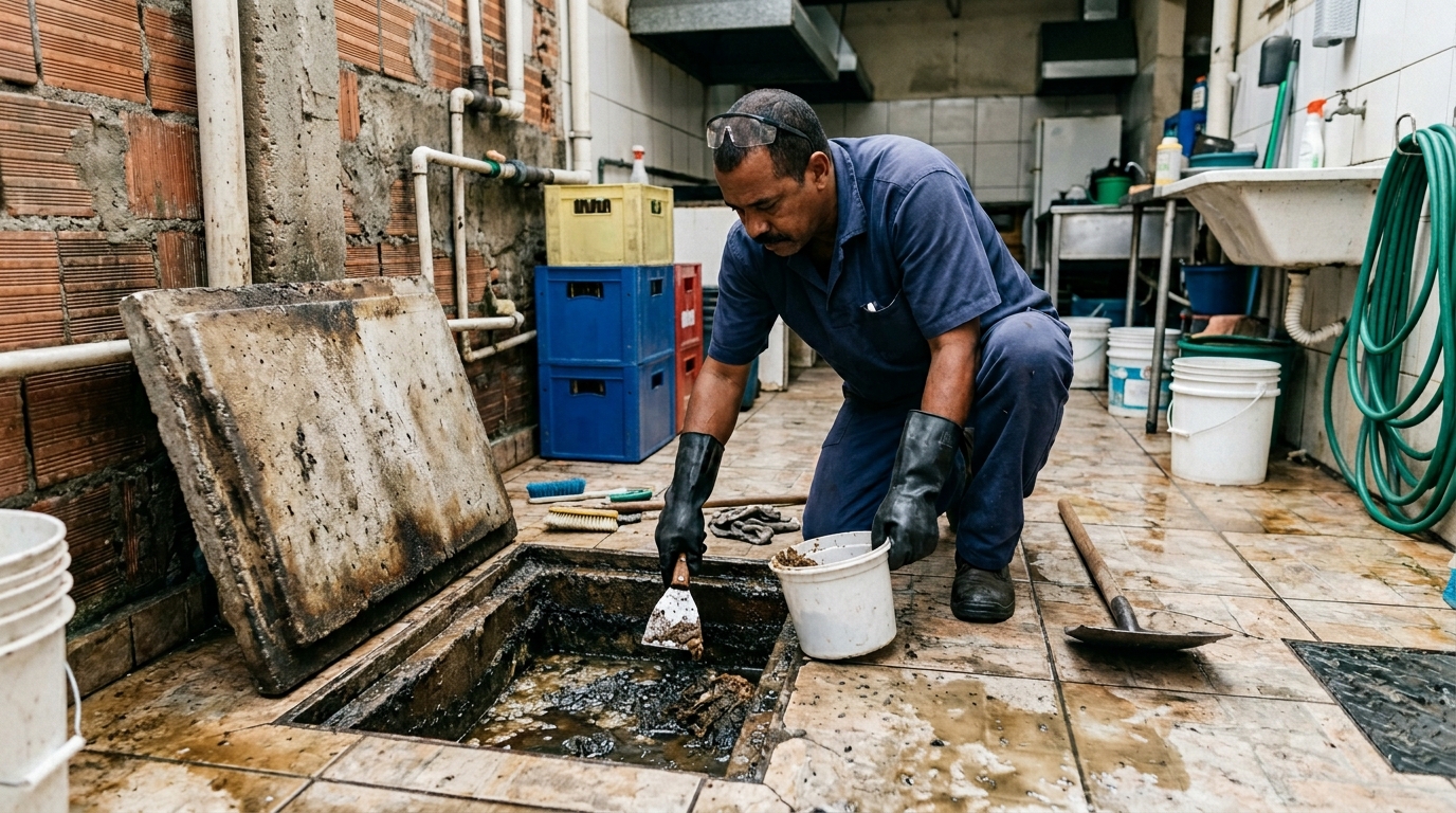 Limpeza de caixa de gordura residencial em Sete Lagoas‑MG